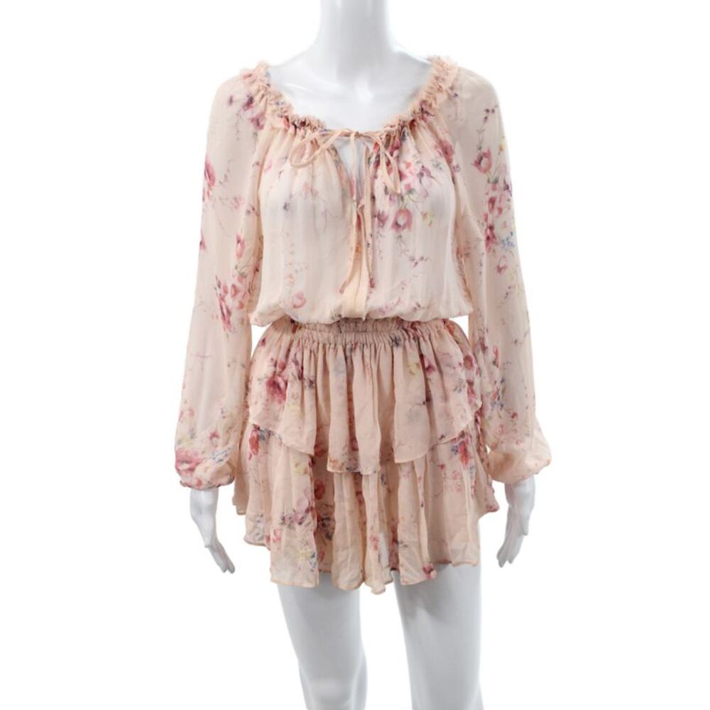 Love Shack Fancy Womens Blouson Floral Silk Long Sleeve Neck Dress Size XS